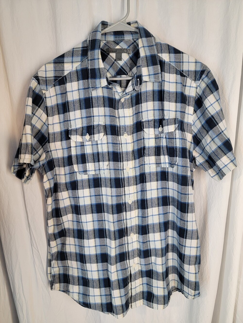 Old Navy Blue and White Plaid Short-Sleeve Button-Down Shirt